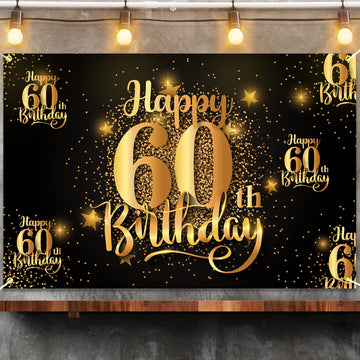 Nc Happy 60Th Birthday Backdrop Banner Step And Repeat 60 Years Old Background Decorations For Women Men Her Him Photography Party Supplies Glitter Black Gold