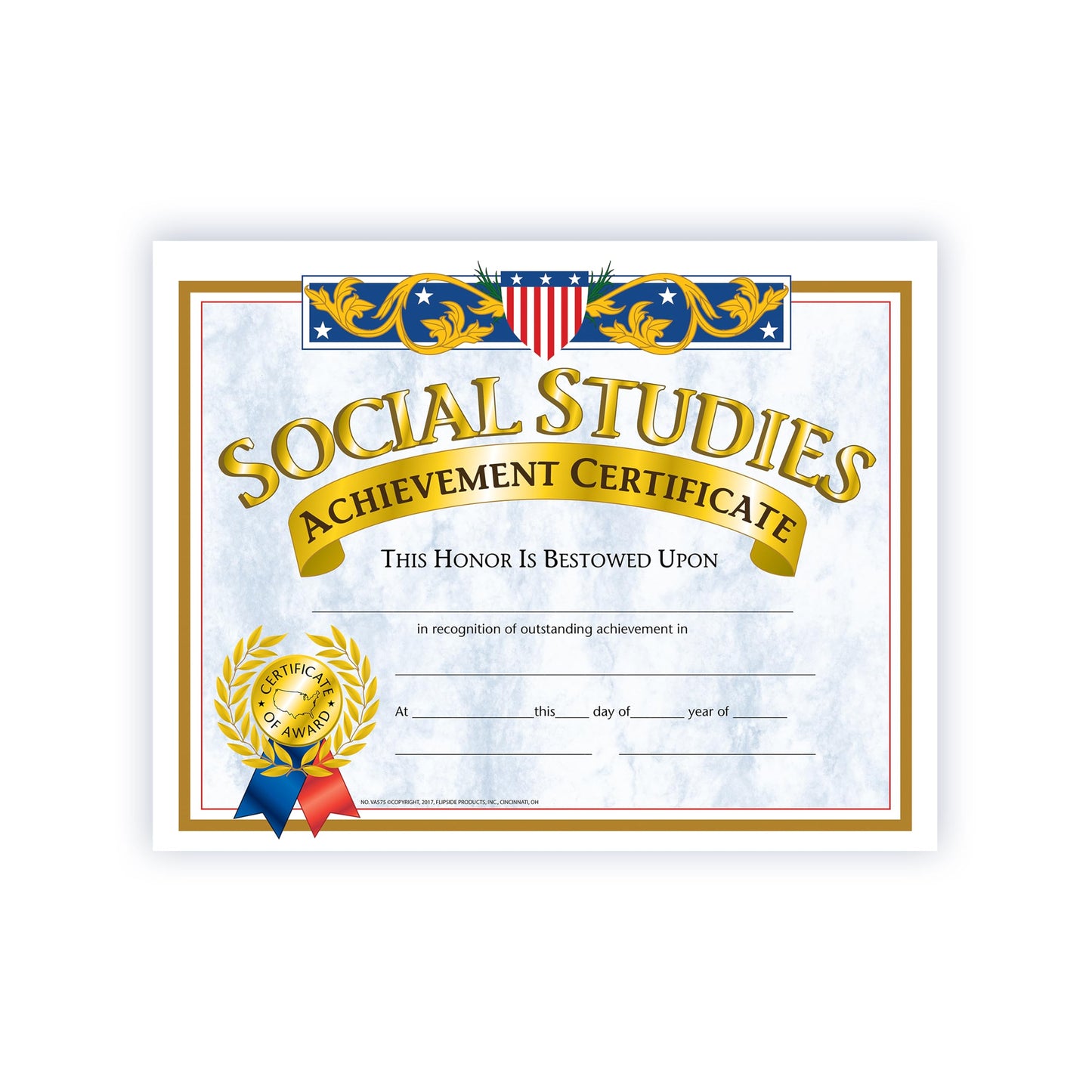 Hayes Social Studies Achievement Certificates, Gold-Bordered Awards With Light Blue Marbled Design, Customizable Award For Students, Full-Color Glossy Design, 8.5' X 11' - 30 Pack