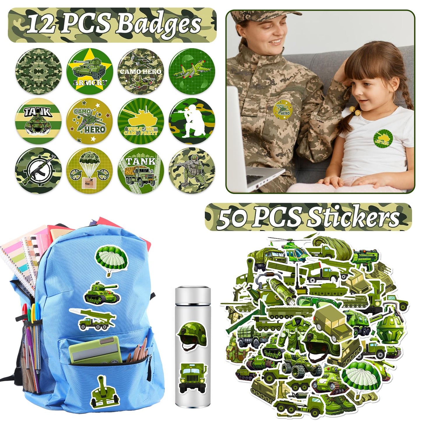 122 PCS Army Party Favors, Military Camo Temporary Tattoos Slap Bracelets Keychains Stickers Badges Goodie Bags Soldiers Figures