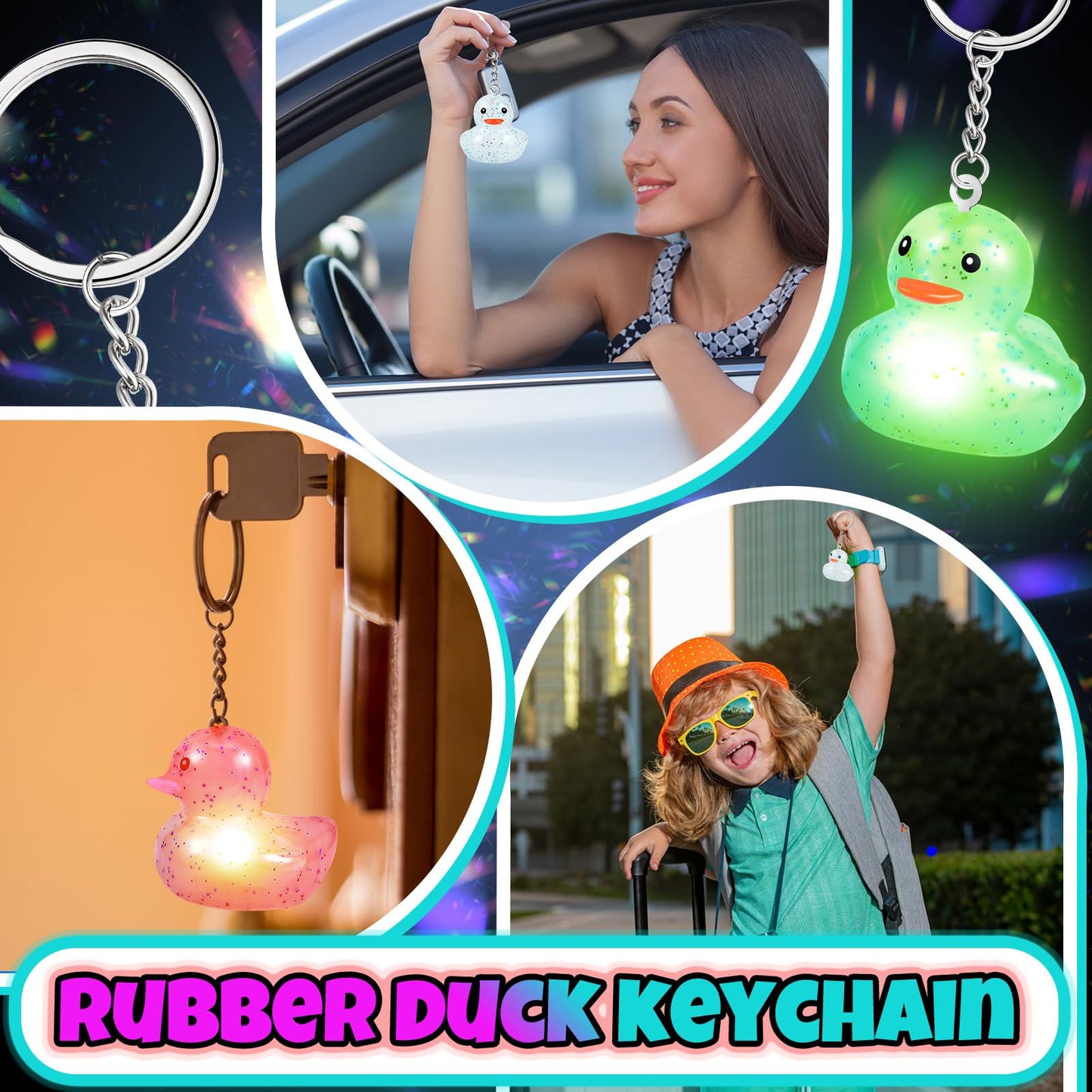 Deekin 100 Pcs LED Light up christmas Rubber Duck Keychain Cute Duck Keychains Bulk Mini Duck Party Favors 3D Duck Chains Small