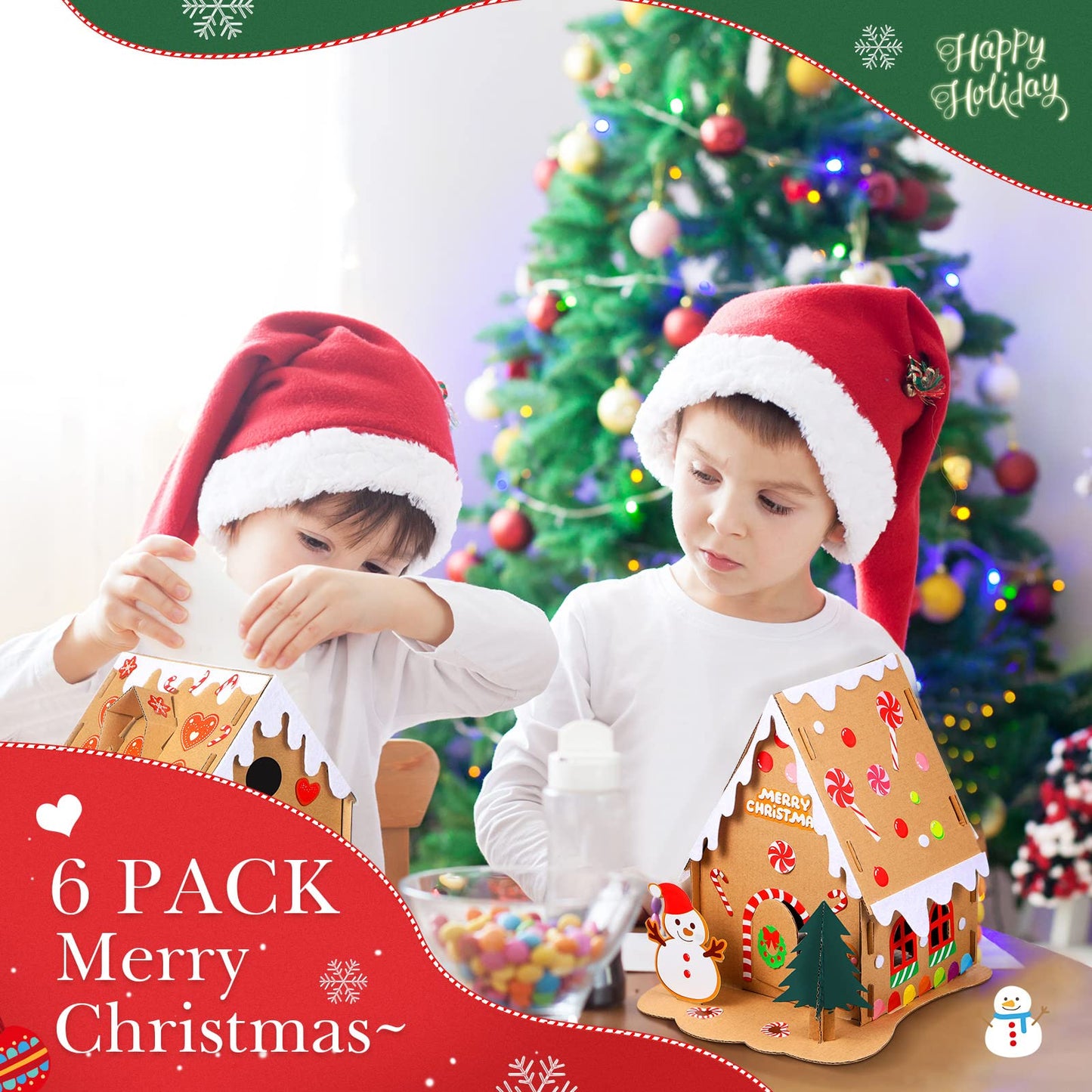 6 Sets Christmas Gingerbread House Kit Christmas Crafts for Kids Mini Christmas Cardboard Make-a-Gingerbread House Craft for Boy