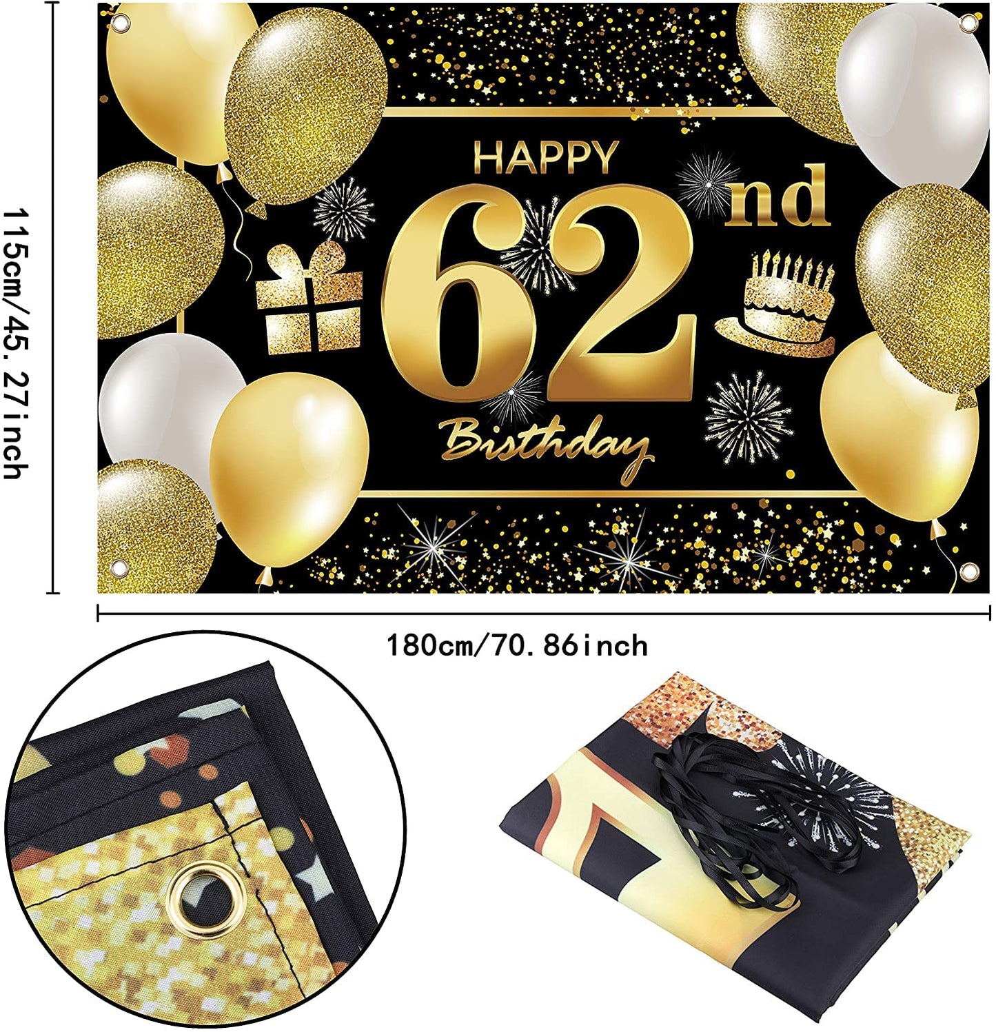 IMISI 62nd Happy Birthday Banner - Black Polyester Decorations for Men’s Birthday Party