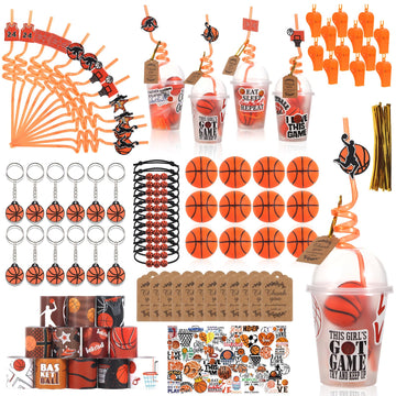 LiYiQ 158 Pcs Basketball Party Favors Basketball Party Supplies with Cup Straw Stress Ball Keychain Sticker Slaps Bracelets Whis