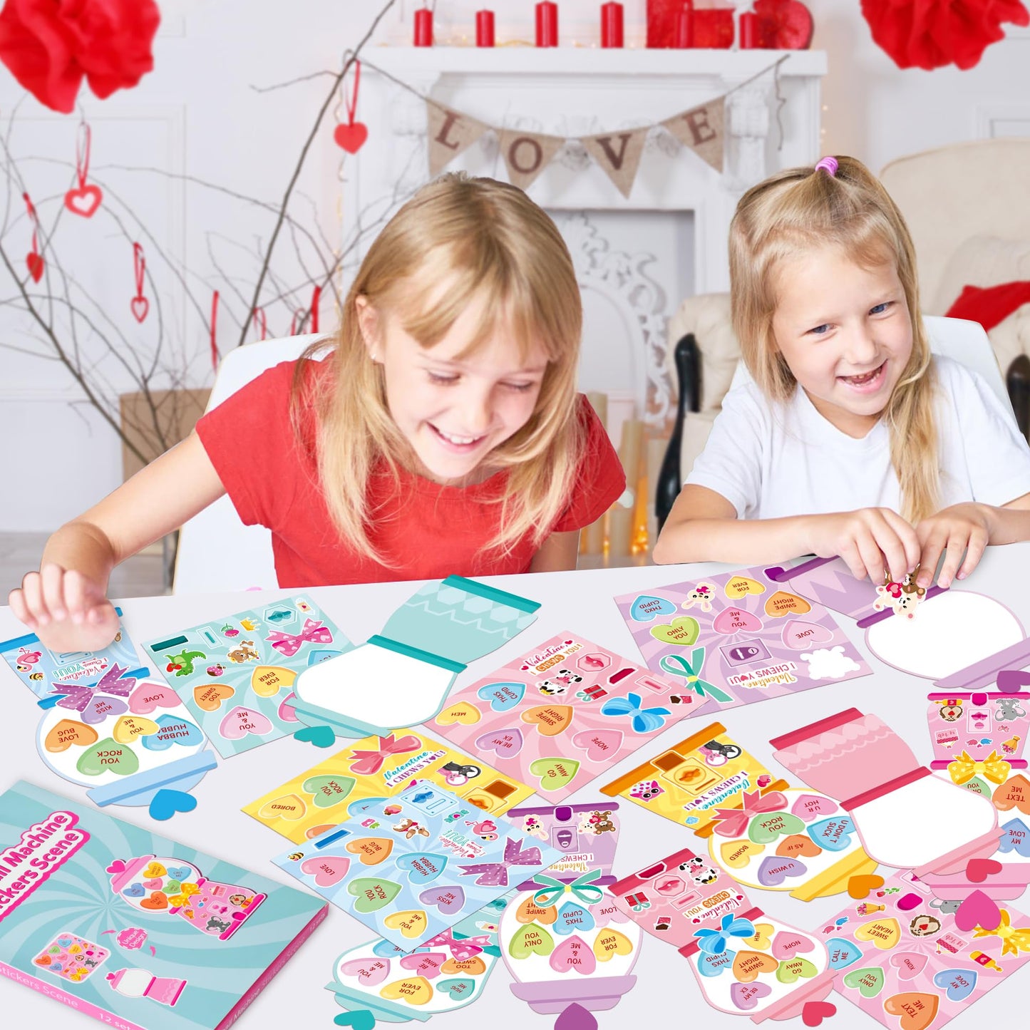 CY2SIDE Valentines Gumball Machine Stickers - 12 Sets of Valentines Day Conversation Heart Sticker Art Craft for Kids School Act