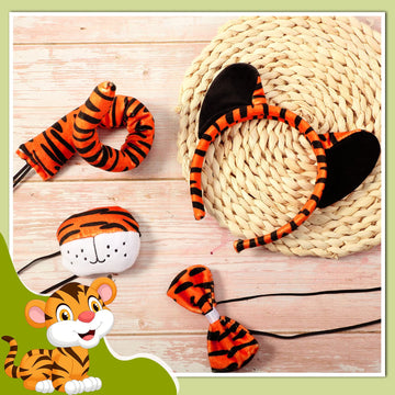 4 Pcs Kids Tiger Costume Kits Tiger Ear Headband Tail Nose Bow Tie Animal Tiger Fancy Costume For Halloween Cosplay Party(Vivid