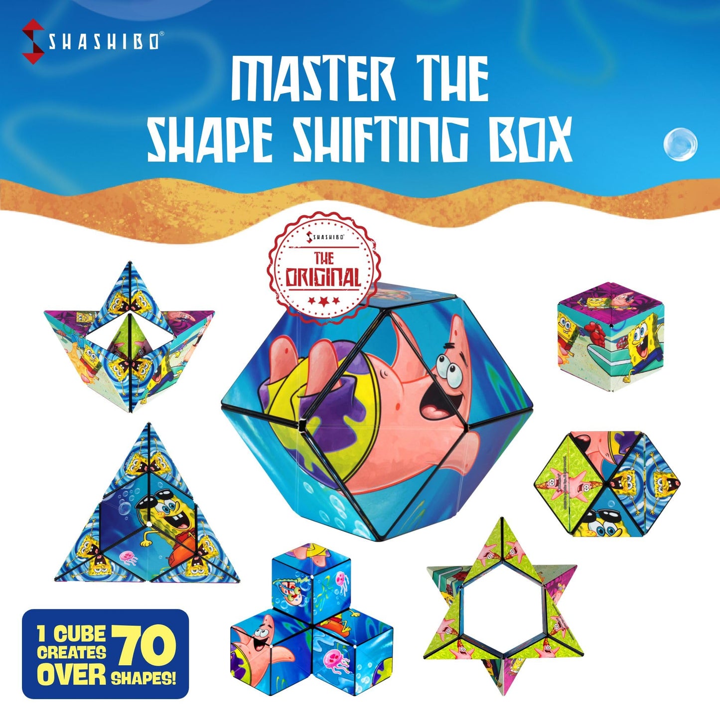Shashibo Spongebob Shape Shifting Box - Magnetic Puzzle Cube, 36 Rare Earth Magnets, Beach Buddies Model