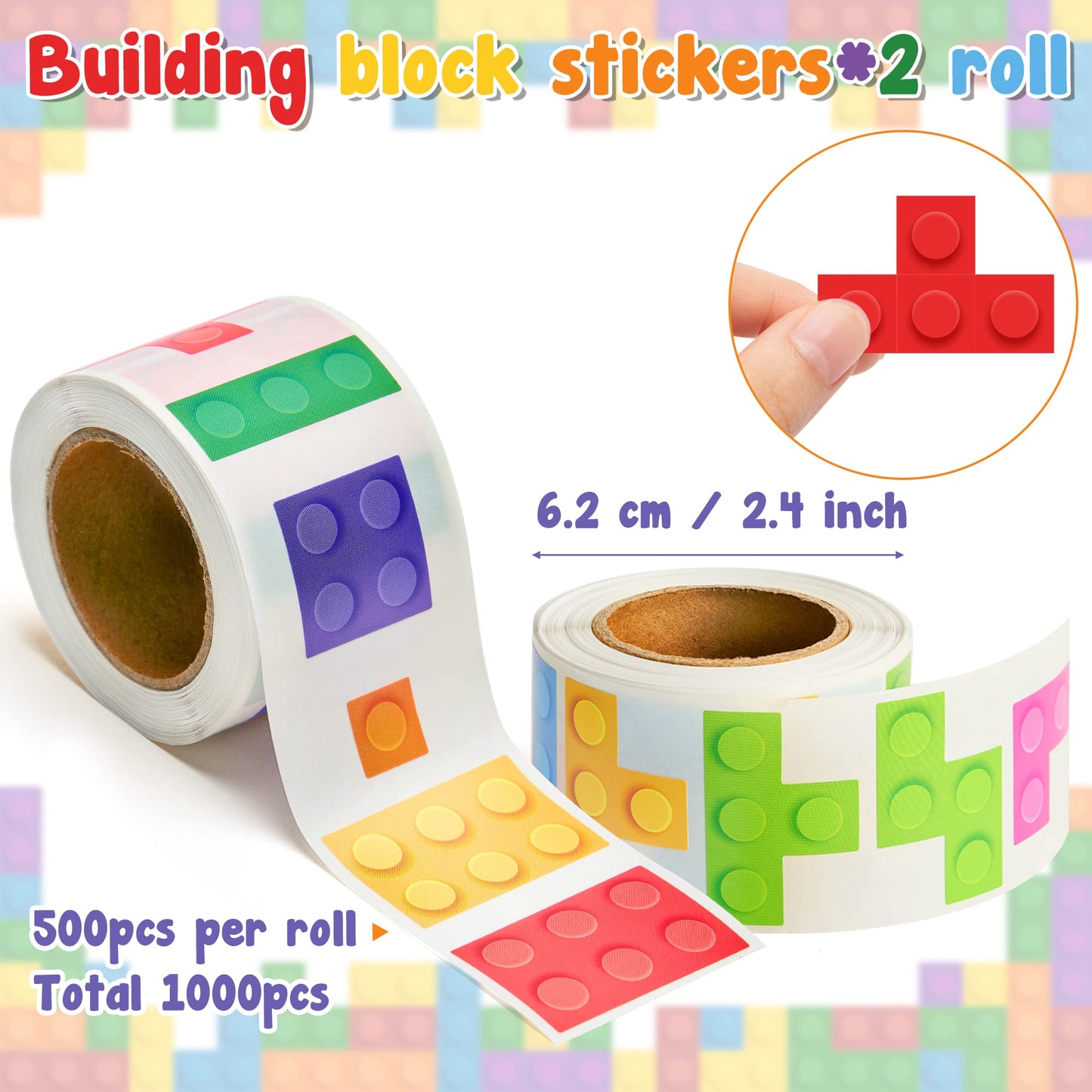 Unbess 1000Pcs Building Block Stickers For Kids, 2 Roll Assorted Bricks Paper Self Adhesive Decal Peel And Stick Removable Build