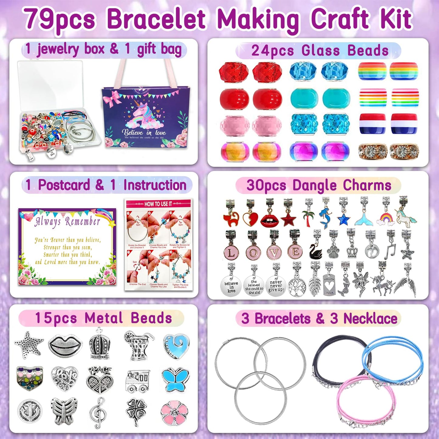 klmars Charm Bracelet Kit for Kids - Unicorn Birthday Gift, Multicolor, Small, Ages 5-12, Arts & Crafts
