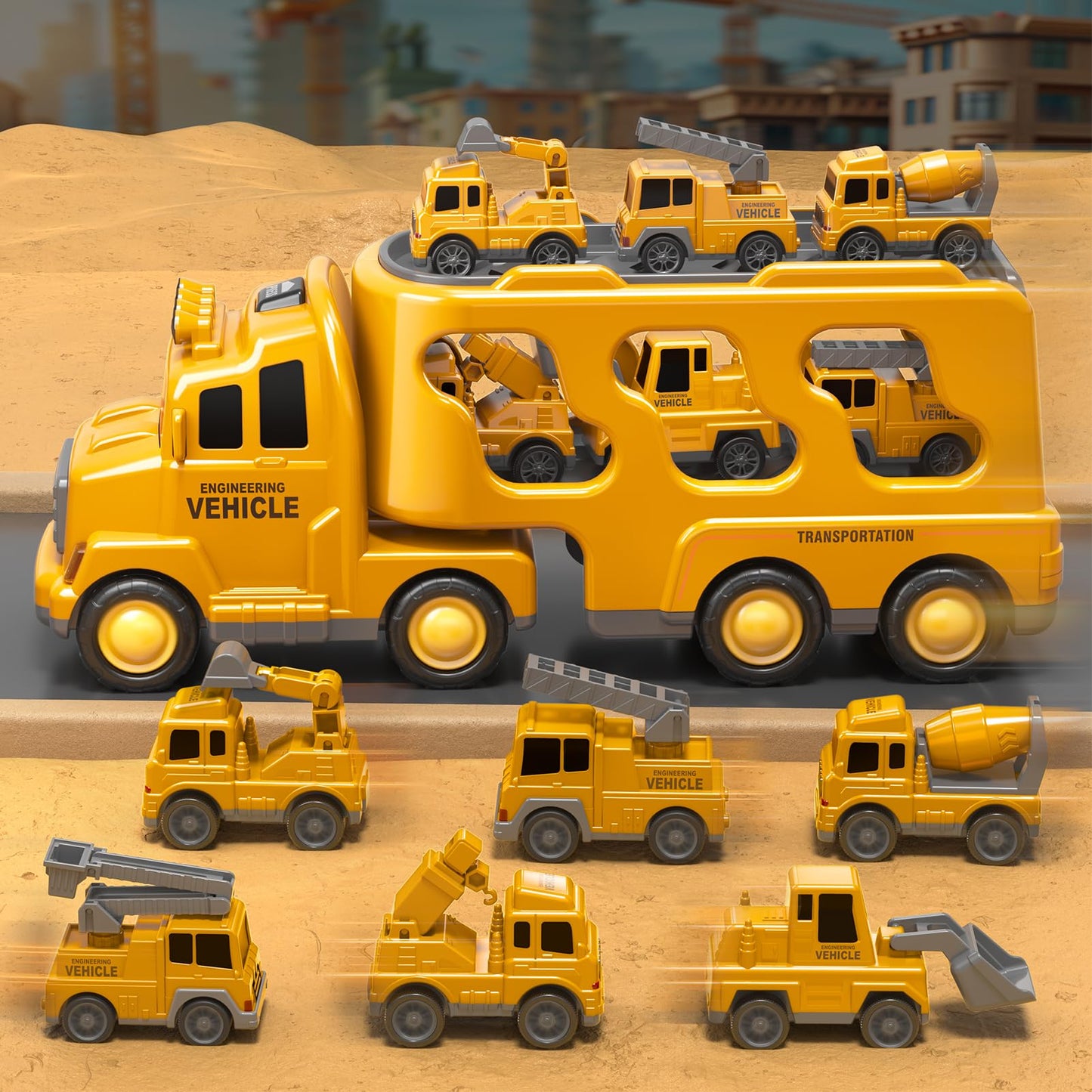 Beby Buty 7 in 1 Construction Trucks Cars Toys for Toddlers 3-5, Boy Toddler Car Truck Toys with Light Sound, Birthday Gifts Toy
