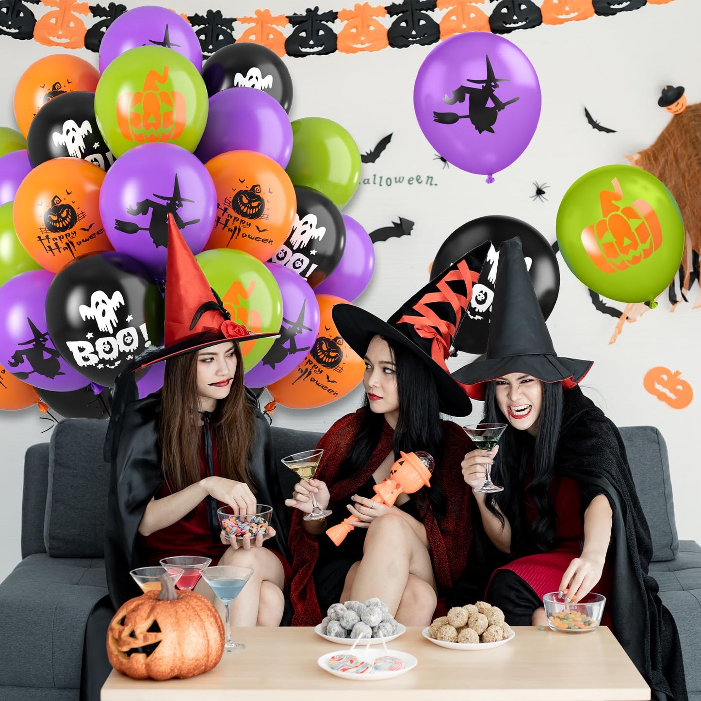 Funhot Halloween Party Balloons, 60Pcs Purple Orange Green Balloons, 12 Inch Orange Black Purple And Green Printed Pattern Decor