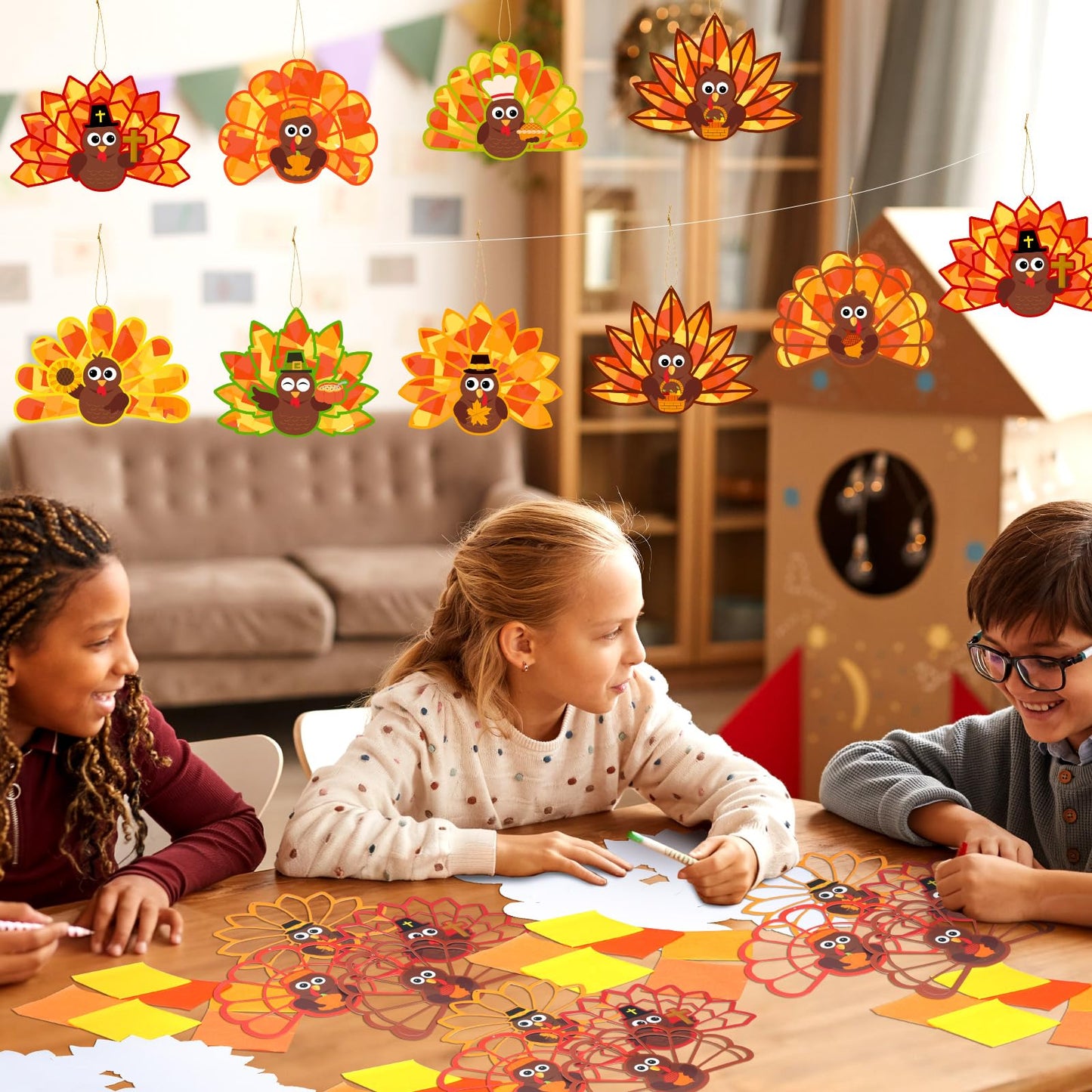 DoubleFill 48 Pcs Thanksgiving Turkey Suncatchers Craft Kit DIY Paper Tissue Crafts Window Stained Glass Effect Turkey Arts Proj