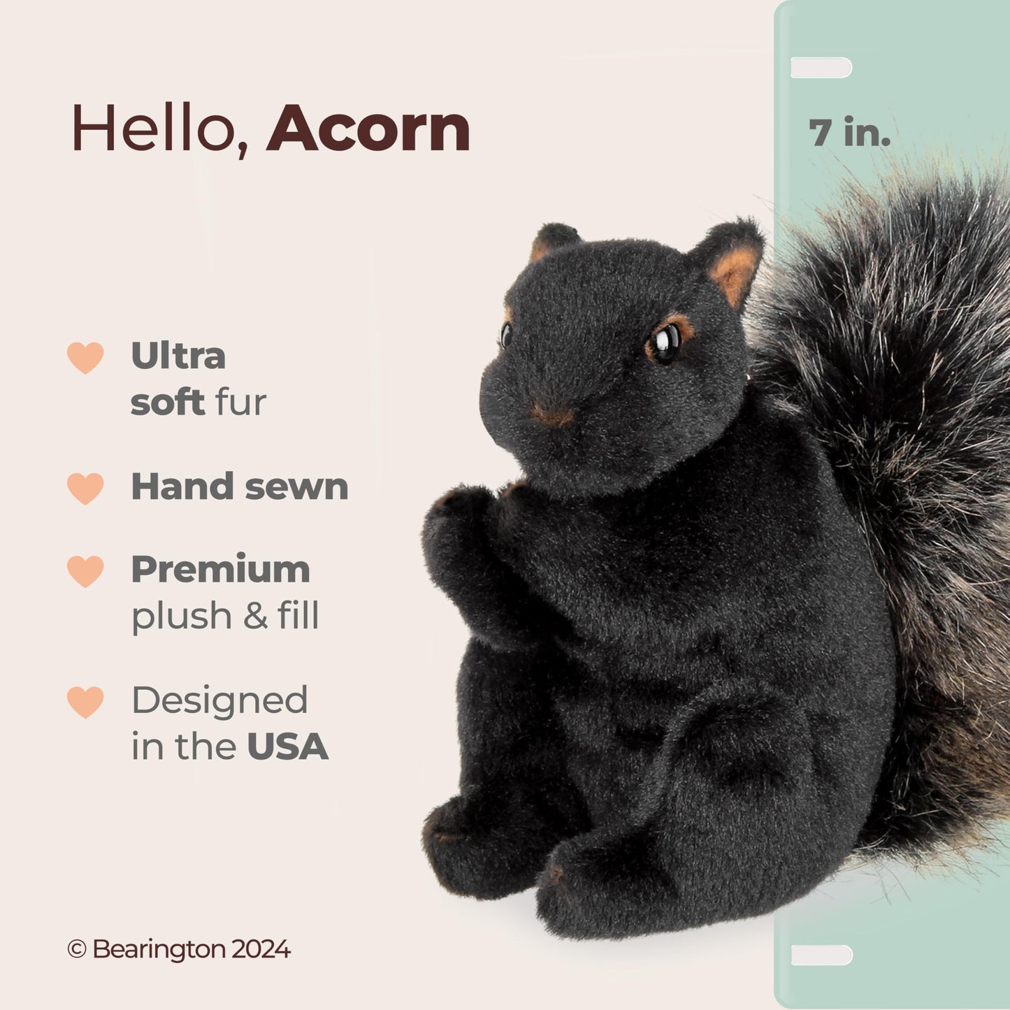 Bearington Acorn Black Plush Squirrel Stuffed Animal, 7" Size, Copper Material, Model 241520, Adorable Acorn Black Color