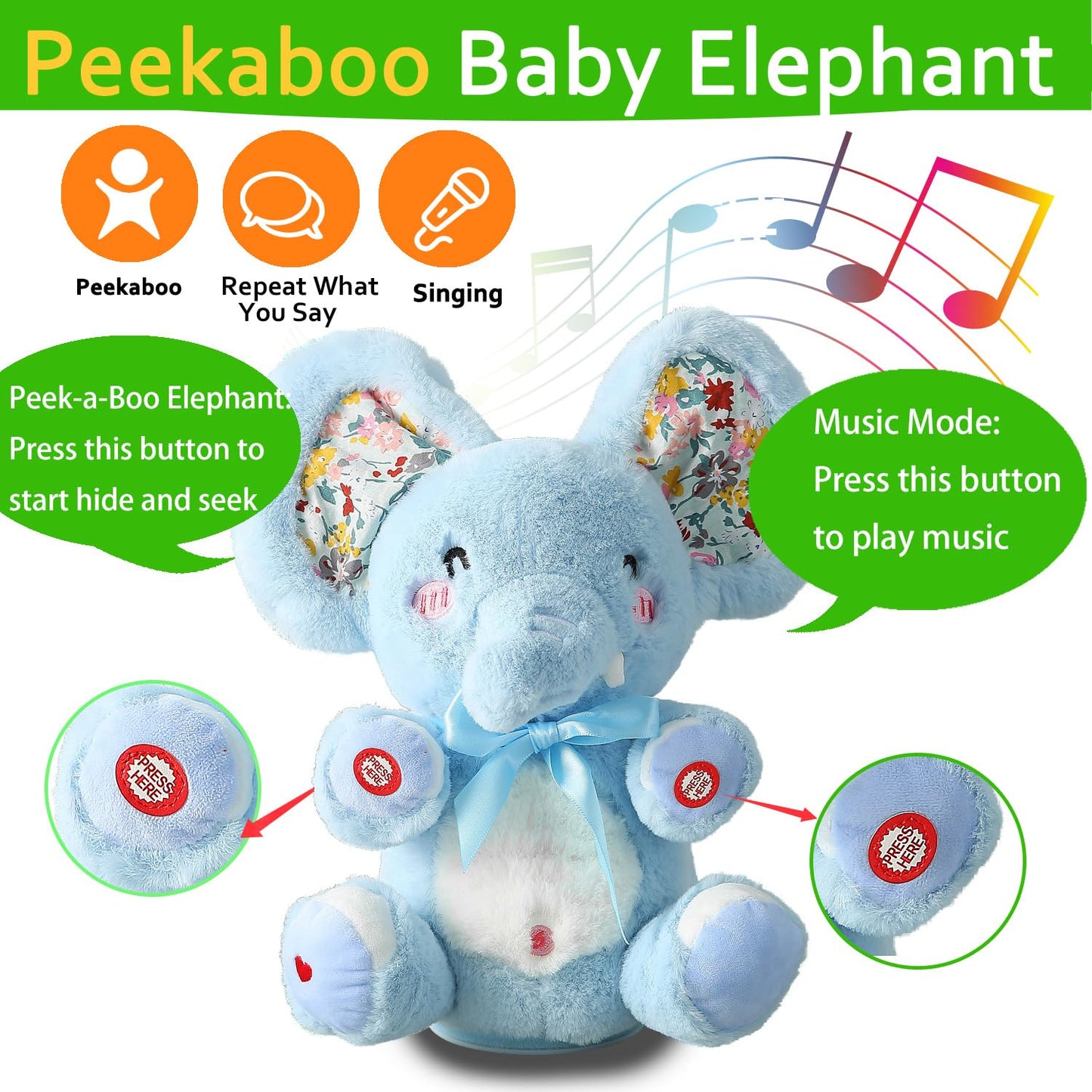 Hcdoujoy Baby Blue Peek A Boo Elephant Plush Stuffed Singing Elephant, Repeat What You Say, Musical For Toddler With Moving Ear, Singing Talking Stuffed Animal Baby Toy For Boy Girl