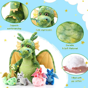 Arrowbash 7 Pcs Dragon Plush Toys Gift Set 15.75'' Large Dragon Mom Stuffed Animal With 4 Cute Baby Dragons And 2 Eggs In Mommy'