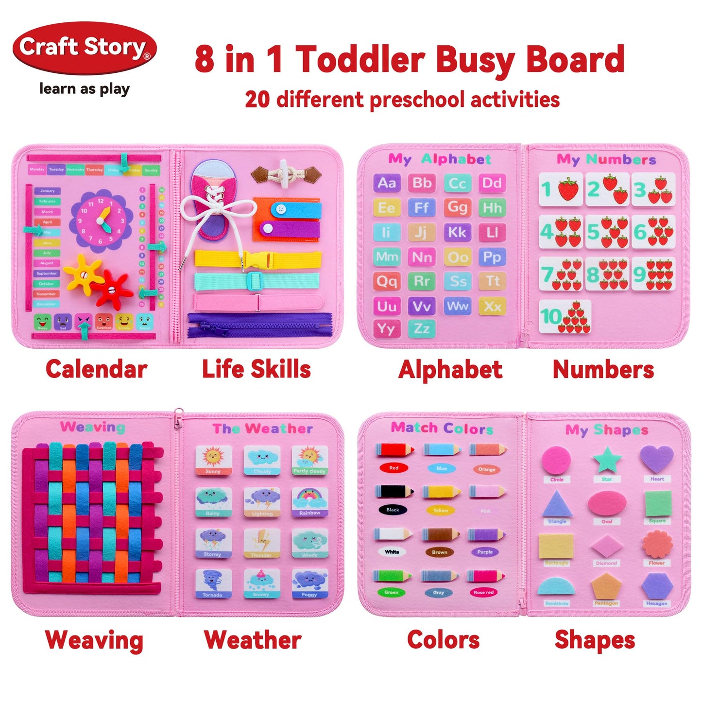 Craftstory Toddler Busy Board - Montessori Toys For 3 Year Old Girls Birthday, 8 In 1 Sensory Educational Learning Busy Books Fo