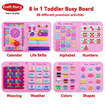 Craftstory Toddler Busy Board - Montessori Toys For 3 Year Old Girls Birthday, 8 In 1 Sensory Educational Learning Busy Books Fo