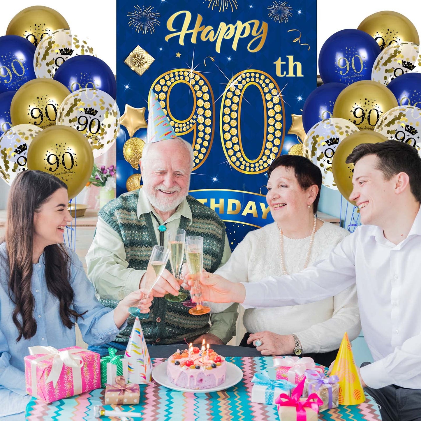 90th Birthday Party Decorations for Men Navy Blue Gold Happy 90th Birthday Banner with 18pcs 90th Balloons 90th Door Cover Backd