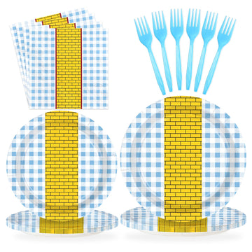 Grencian 96 Pcs Yellow Brick Party Supplies Light Blue Gingham Paper Plates Wizard Party Decorations Tableware for Witch Princes