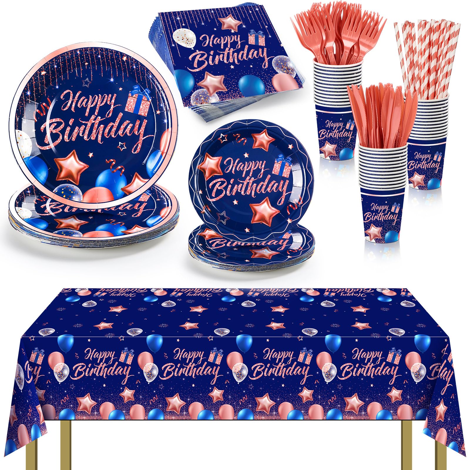 Norme 176 Pcs Navy Blue and Rose Gold Birthday Tableware Set Birthday Decoration Includes Tablecloth Paper Plates Napkins Paper 