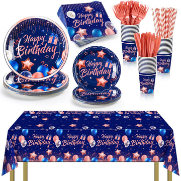 Norme 176 Pcs Navy Blue and Rose Gold Birthday Tableware Set Birthday Decoration Includes Tablecloth Paper Plates Napkins Paper 