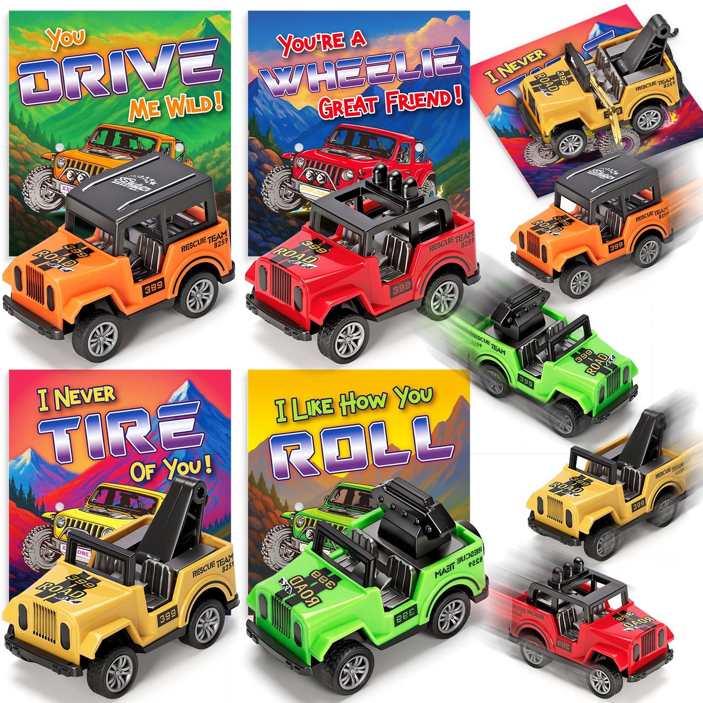 Valentines Day Gifts for Kids Classroom School, 24 Packs Valentines Day Card with Pull Back Car Toys, Off-Road Cars for Valentin
