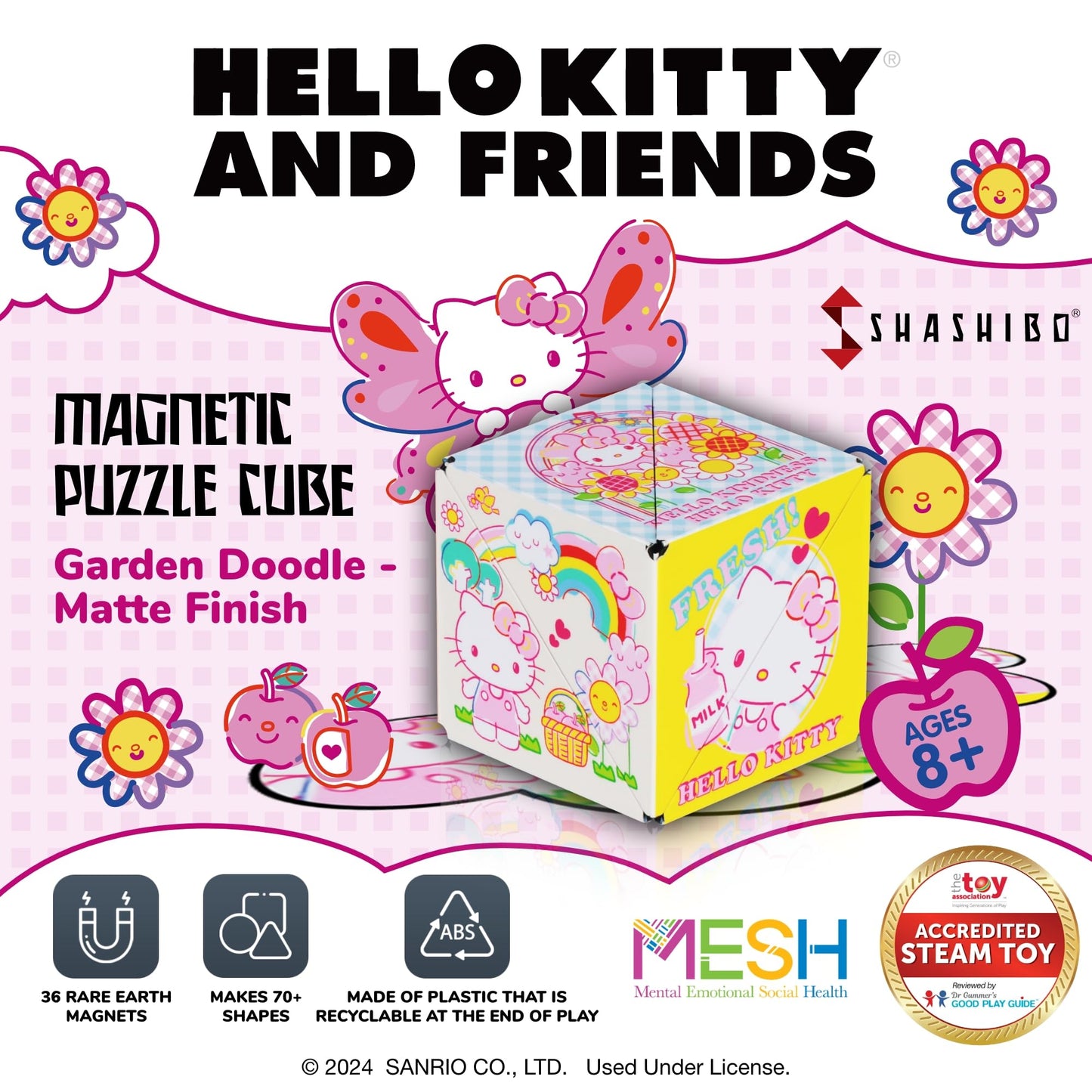 Shashibo Hello Kitty & Friends Shape Shifting Box - Award-Winning, Patented Magnetic Puzzle Cube W/ 36 Rare Earth Magnets-Fidget Toys For Adults & Kids 8+,Transform Into Over 70 Shapes (Garden Doodle)