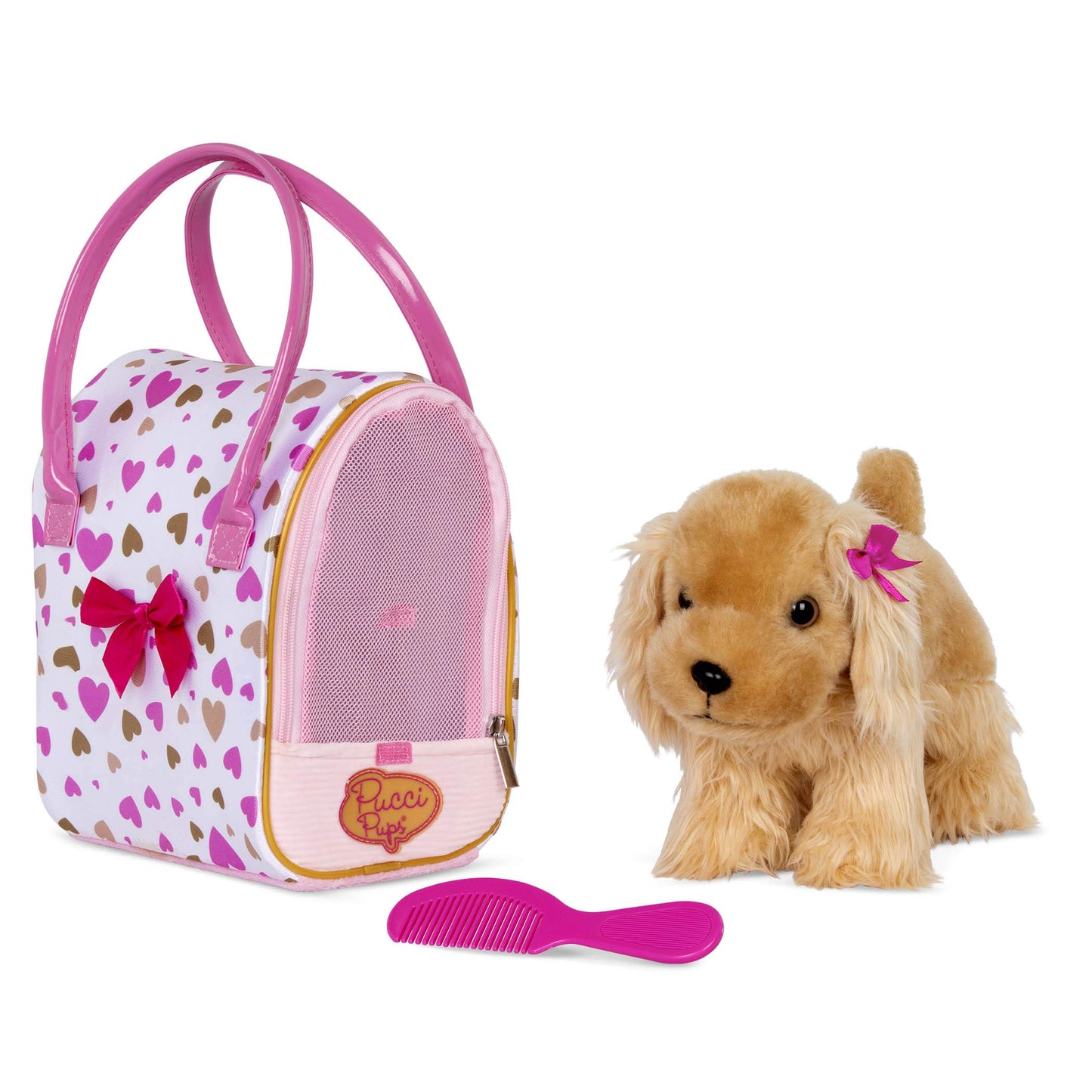 Pucci Pups - Gold & Pink Heart Print Glam Bag W/Cocker Spaniel, 8 Inches