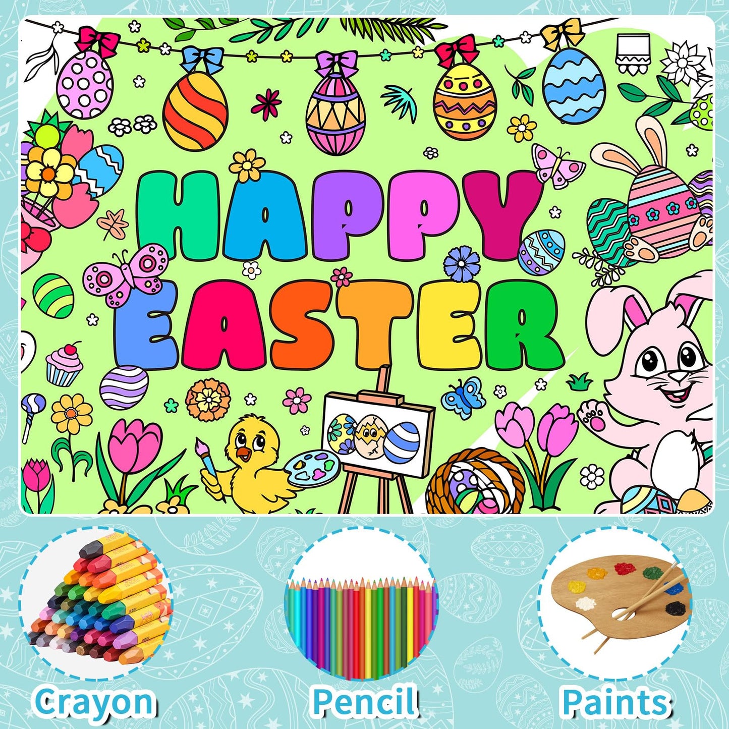AUGSUN Easter Large Coloring Poster for Kids 72 x 30 Inch Happy Easter Coloring Tablecloth Giant with 18 Paint Pens for Crafts S