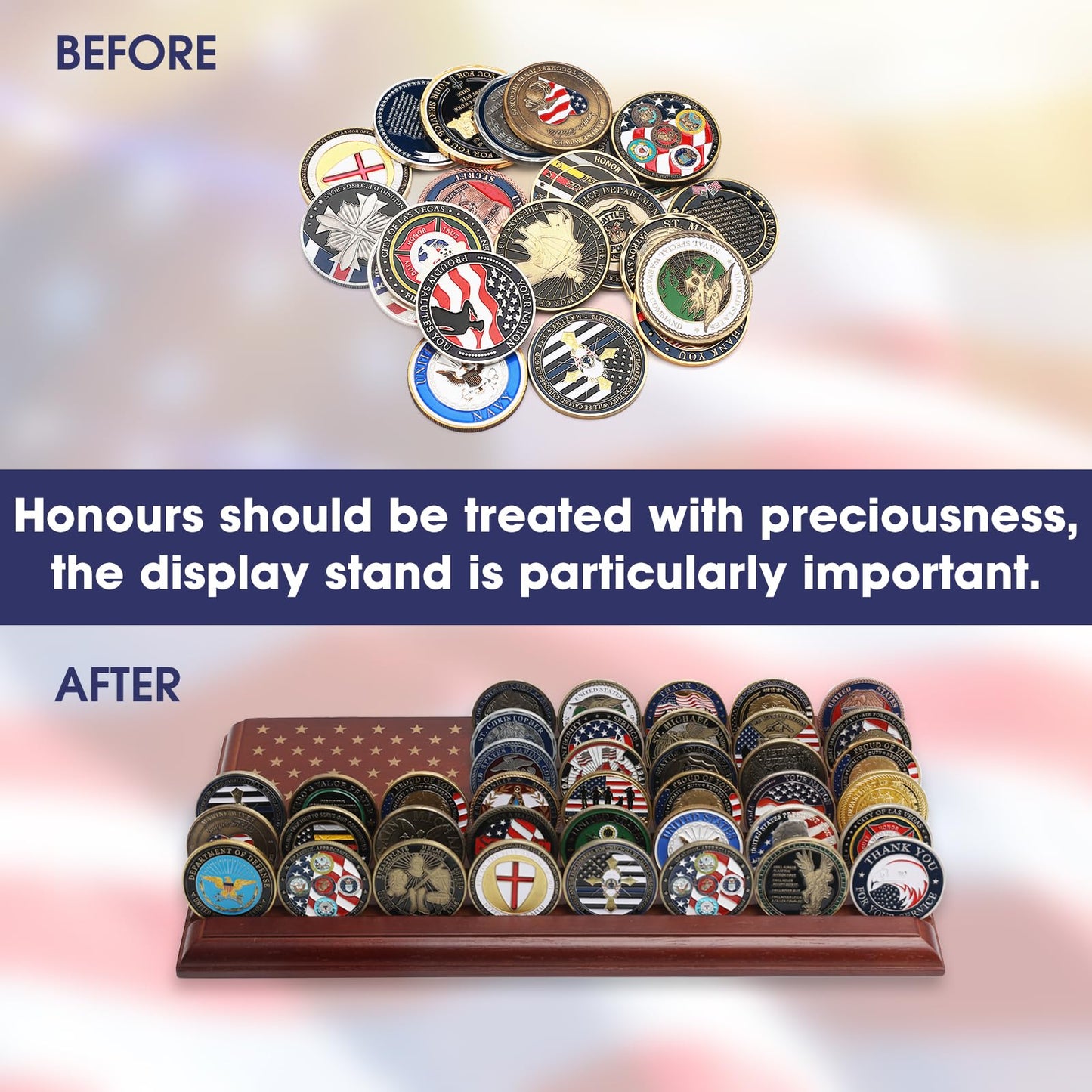 Liuyalo 6-Row Challenge Coin Display With United States Flag, Challenge Coin Holder Made Of 100% Solid Wood