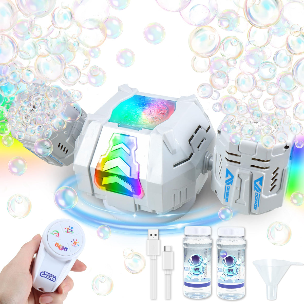HUNKING Rechargeable Bubble Machine with RGB Lights Remote Control for Kids