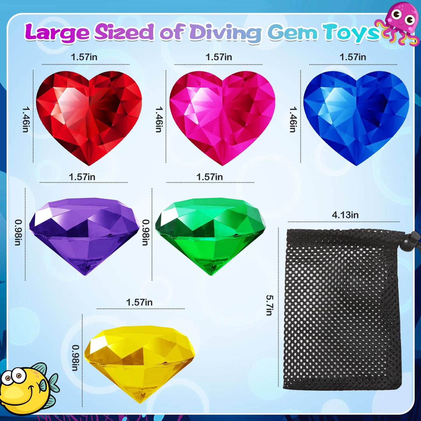 Duchong Pool Toys, 9 Pcs Big Dive Gems Pool Toys For Kids Ages 4-8, 8-12, Summer Throw Pool Toys With Assorted Diving Gems And 2