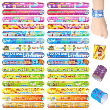 LovesTown 48PCS Christian Snap Bracelets, Bible Verses Religious Slap Wristbands Slap Bracelets for Kids Sunday School Gifts Cla
