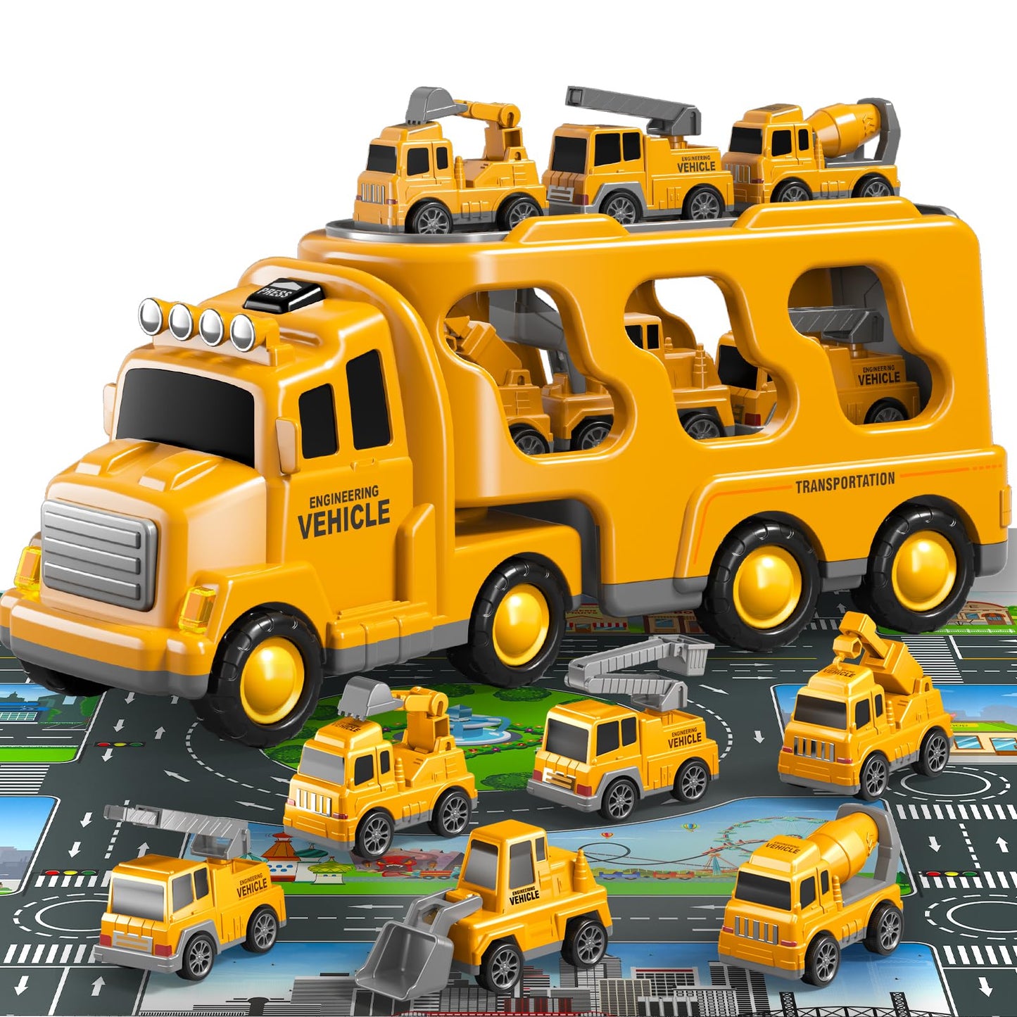 Beby Buty 8 in 1 Construction Trucks Cars Toys for Toddlers 3-5, Boy Toddler Car Truck Toys with Playmat and Light Sound, Birthd
