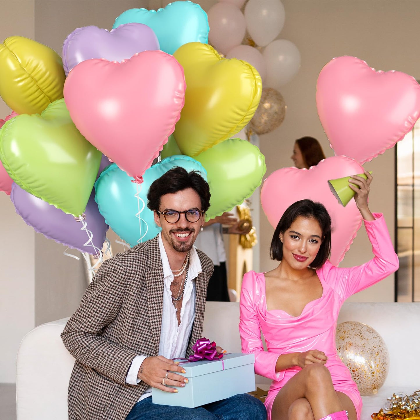 Biapian Pastel Balloons Heart, 10 Pcs Macaron Heart Shape Balloons Foil, 18Inch Pastel Pink Purple Green Teal Yellow Foil Valent