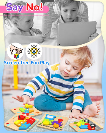 Wooden Puzzles Toddler Toys For 1 2 3 Years Old Boys Girls, 4 Vehicle Shape Learning Educational Blocks Birthday Gifts Sensory T