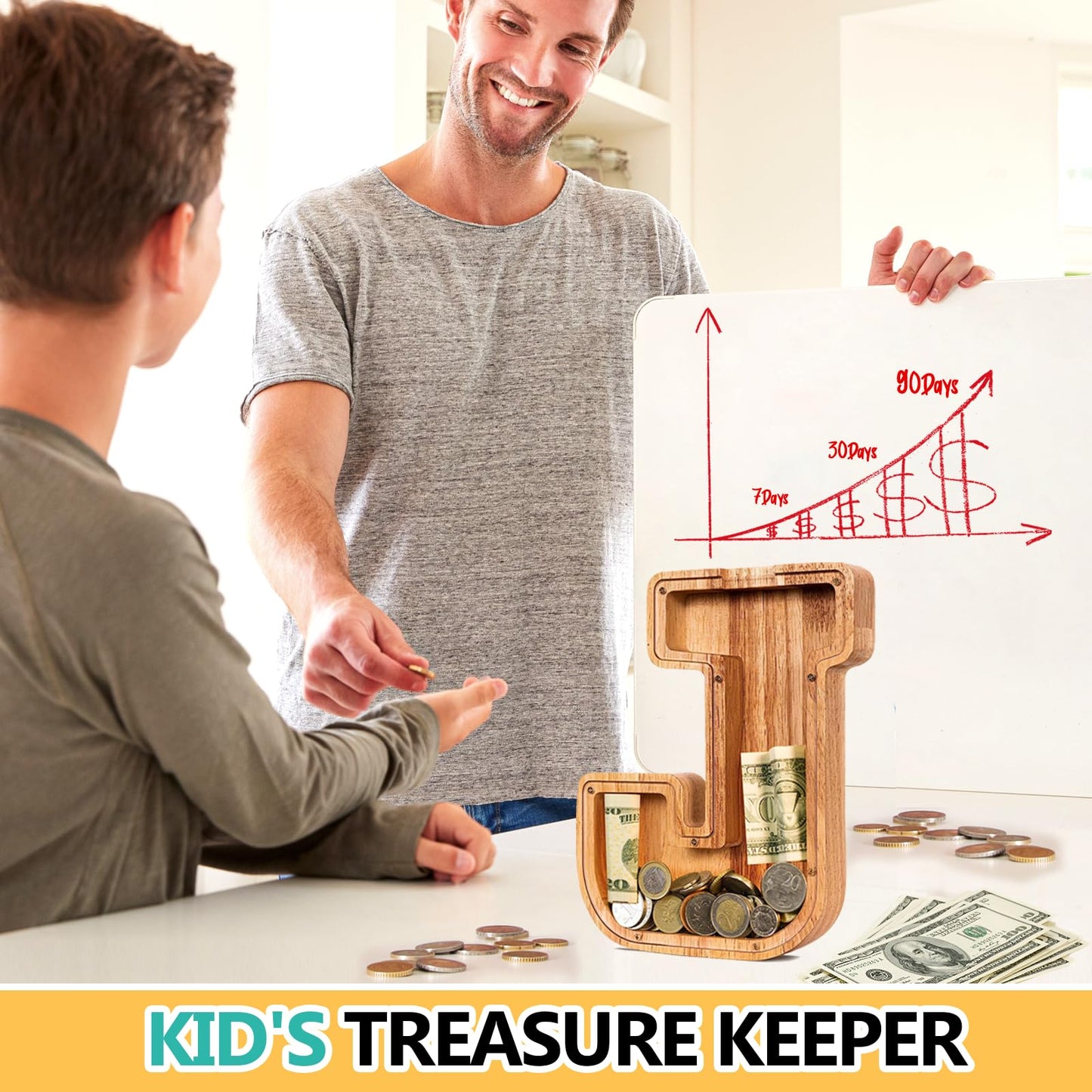 SummiDate Wooden Letter Piggy Bank| Piggy Bank for Boys Girls Toddler| Alphabet J Money Bank| Coin Bank Birthday Gift for Kids|Birthday Easter Gifts for Kids (J)