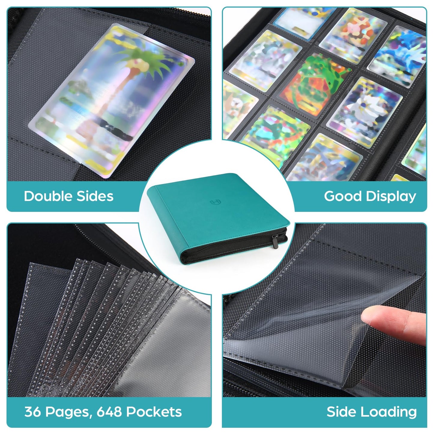 Card Binder 9 Pocket with Zipper  648 Pockets Trading Card Holder Book  enhanced PU Cover Zip Folder Binder  Side Loading Carrying Case Binder Album for TCG  MTG  Sports Cards  Game Cards (Teal)