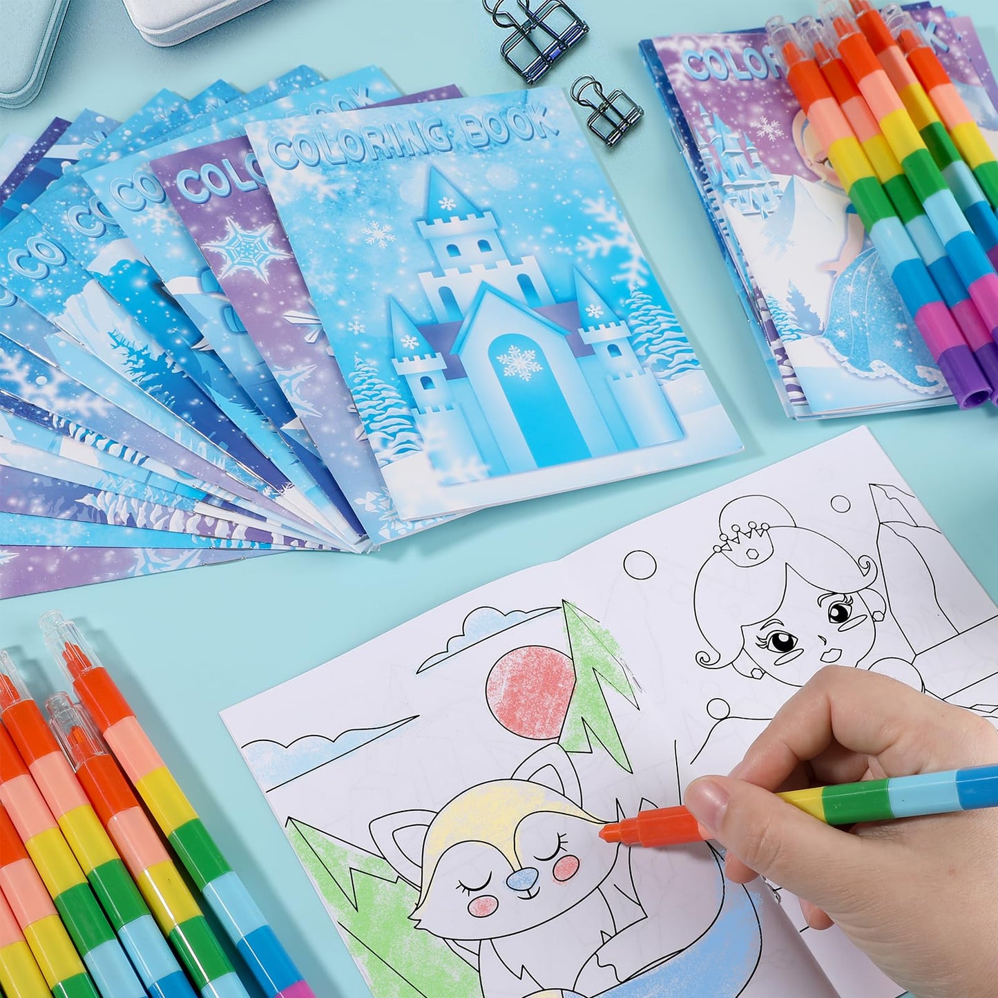 BenLouis 12 Frozen Mini Coloring Books Kids with 12 Stacking Crayons Winter Snowflake Themed Party Favors Small Activity Books B