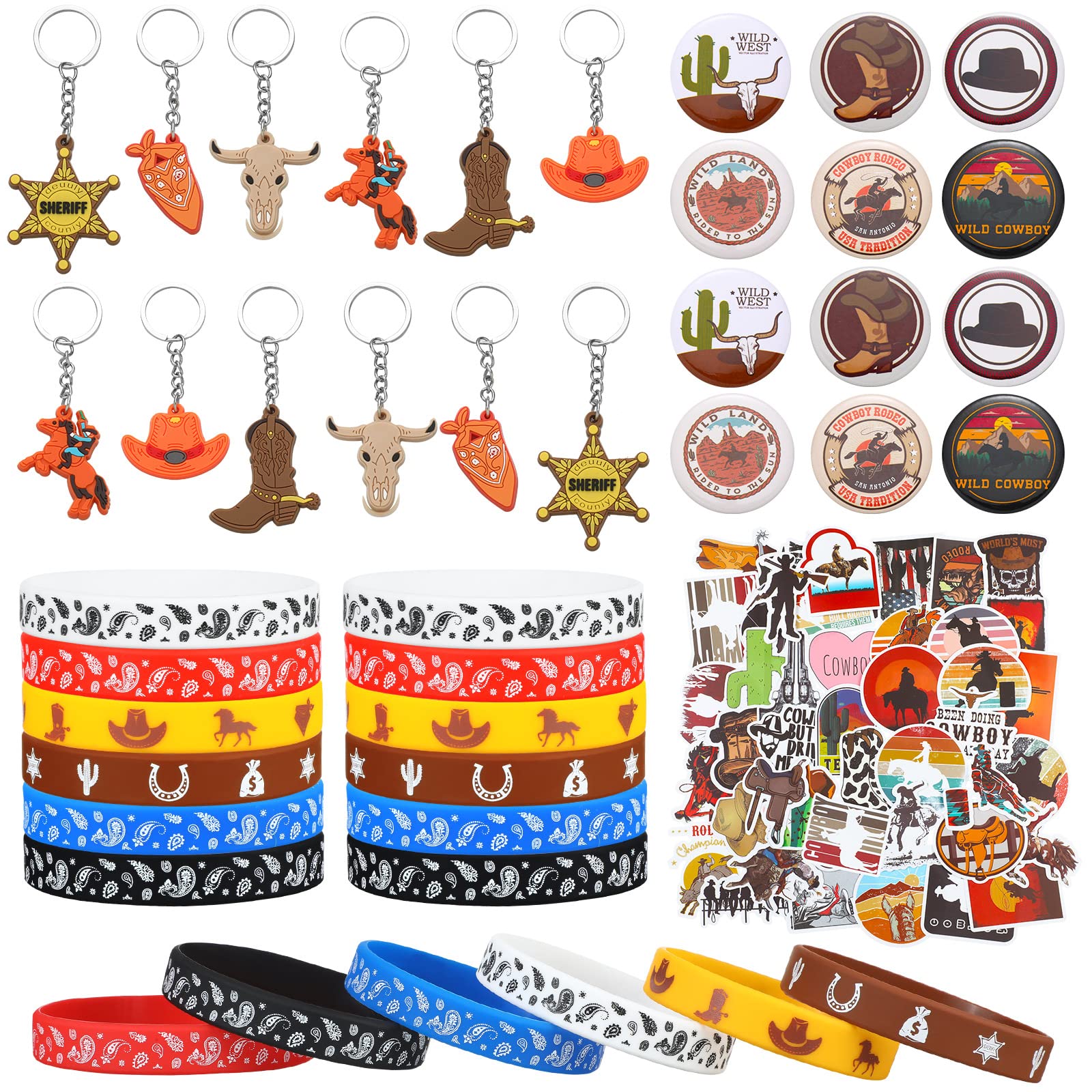 Sureio 86 Pcs Western Cowboy Party Favors Include 12 Cowboy Keychain 12 Western Cowboy Silicone Bracelets 12 Button Pins 50 Wate