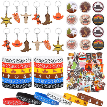 Sureio 86 Pcs Western Cowboy Party Favors Include 12 Cowboy Keychain 12 Western Cowboy Silicone Bracelets 12 Button Pins 50 Wate