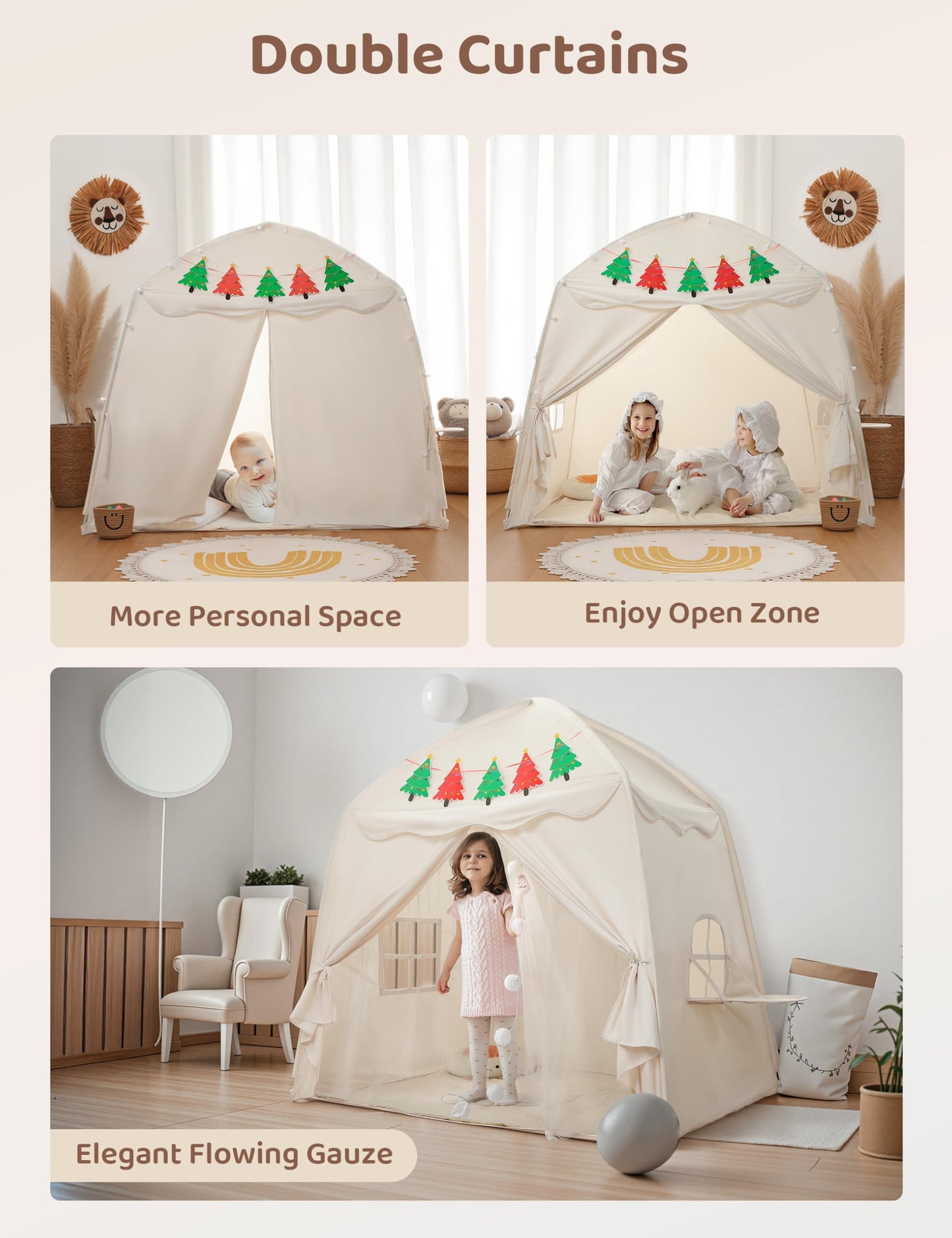 Besrey Large Kids Play Tent With Christmas Tree Flags & Lights, Kids Tent Indoor, Toddler Tent For Boys&Girls, For Kids, Great K