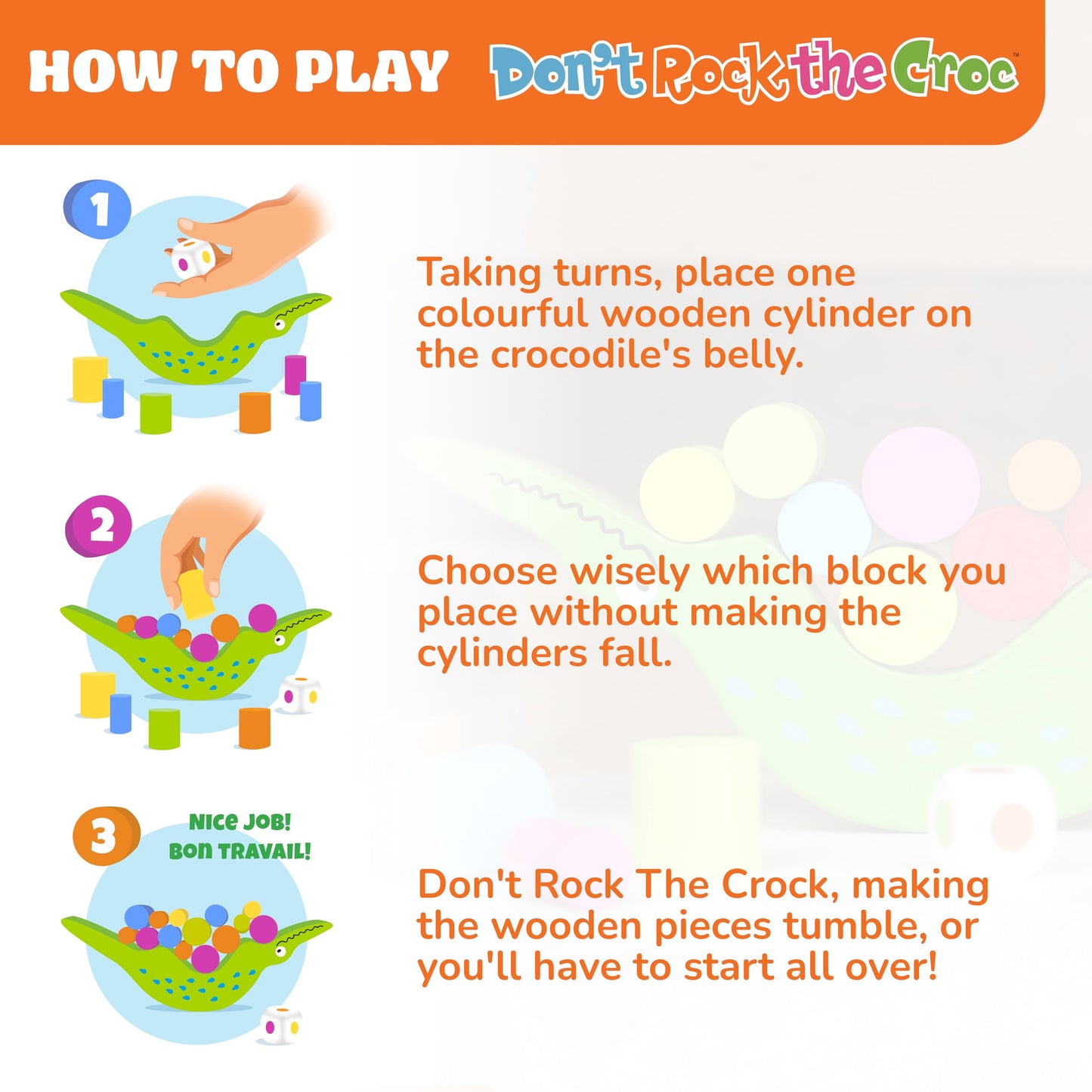 FoxMind Games Don't Rock The Croc Board Game, Multiplayer Fun for Kids 3-5, Wood, Einheitsgröße, Green/Red/Yellow/Blue