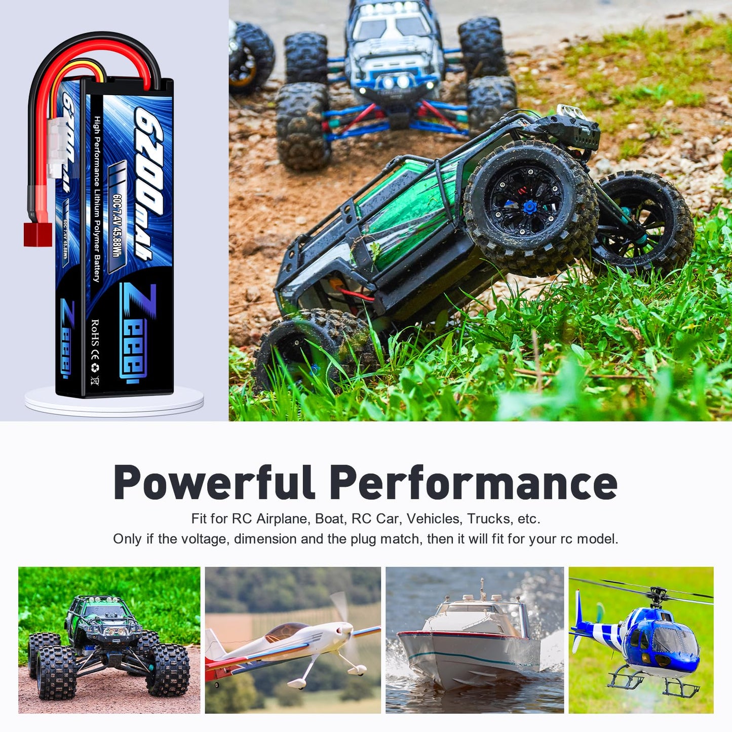Zeee 2S Lipo Battery 6200mAh 7.4V 60C Hard Case Battery with Deans T Connector for RC Vehicles Car Truck Truggy Boat Racing Hobb
