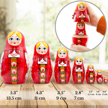 Aevvv Nesting Dolls Set Of 7 Pcs - Baboushka Nesting Dolls In Hand Painted Red Head Scarf And Sarafan Dress With Ornaments - Russian Dolls Nesting Dolls, Red, White, Green