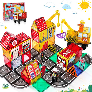 Magnetic Tiles Road Set with 2 Cranes & Double-Sided Magnet Tiles,Boys Toys for Ages 3-5 5-7 8-12,STEM Magnetic Building Constru
