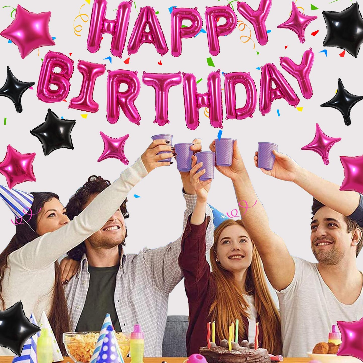 TONIFUL 35PCS Hot Pink Happy Birthday Decorations Kit 16 Inch Happy Birthday Balloon Banner with Star Balloons Mylar Foil Birthd