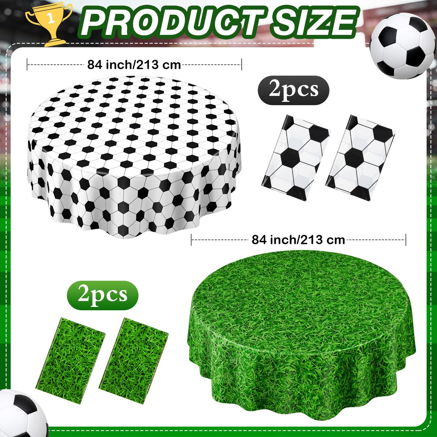 Funnymoom 4 Pack Round Soccer Tablecloth 84 Inch Plastic Soccer Grass Party Decorations Disposable Grass Table Cloth Washable Di