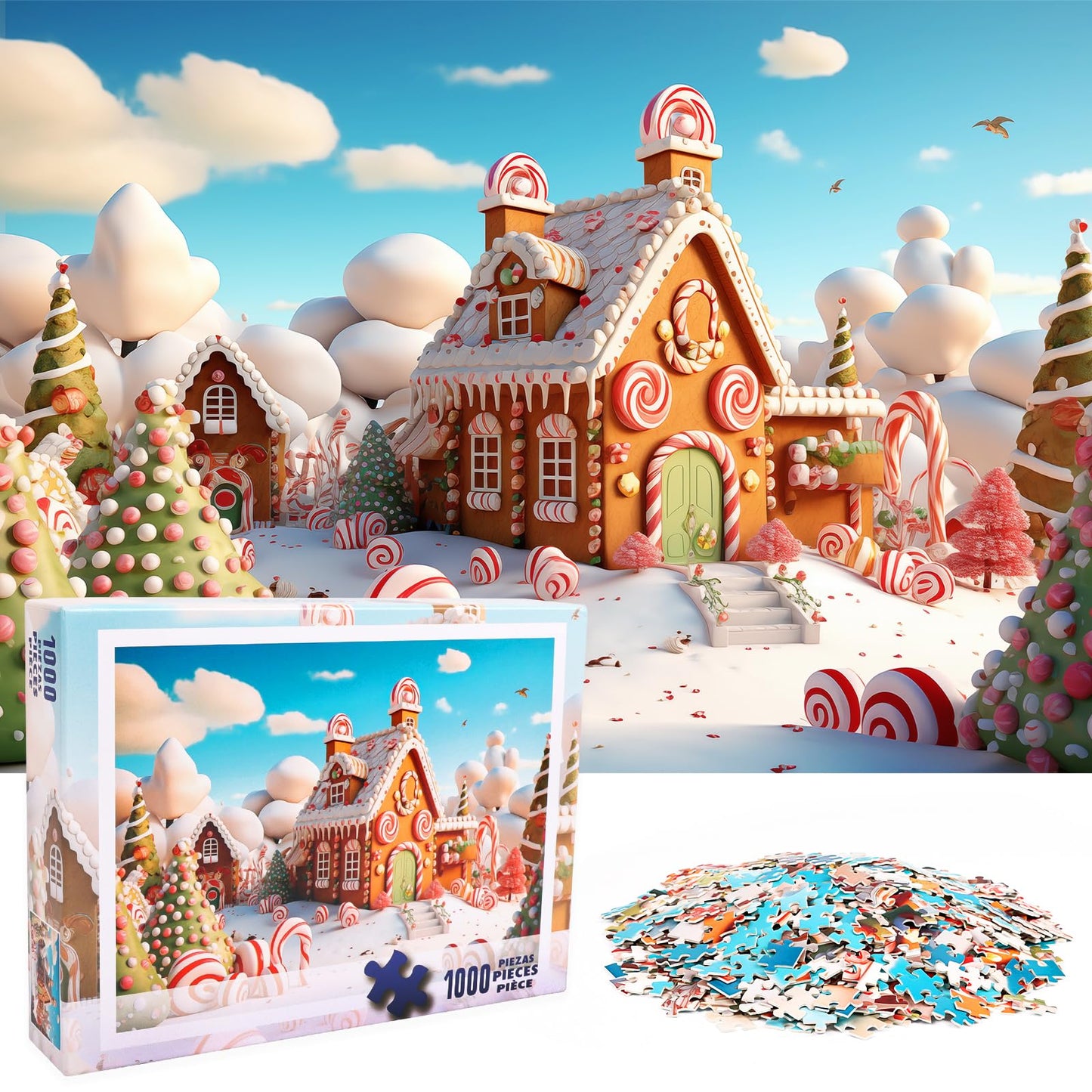 DERAYEE Christmas Jigsaw Puzzles for Adults 1000 Pieces, Christmas Gingerbread House Puzzle Sweet Candy House Puzzles Gifts for 