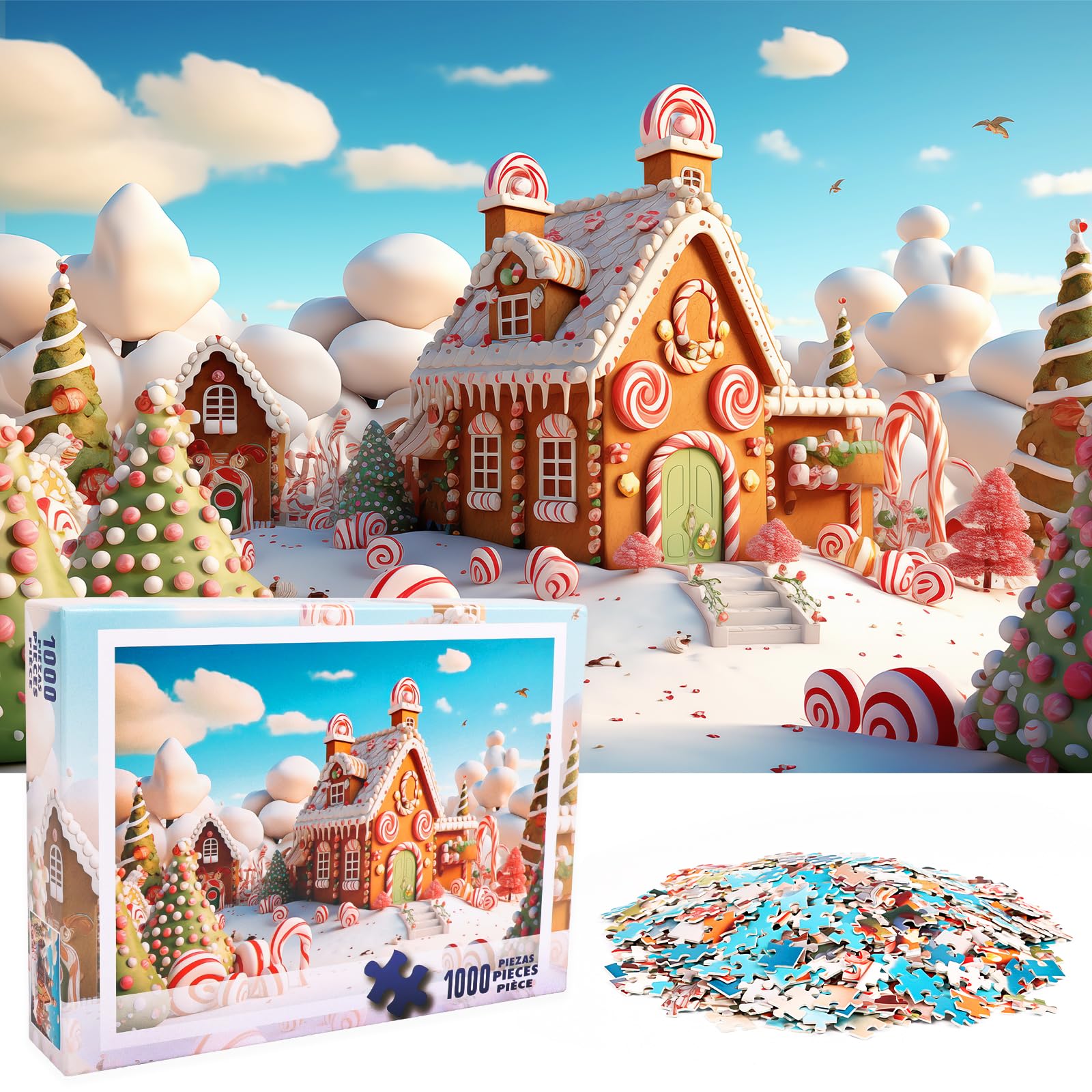 DERAYEE Christmas Jigsaw Puzzles for Adults 1000 Pieces, Christmas Gingerbread House Puzzle Sweet Candy House Puzzles Gifts for 