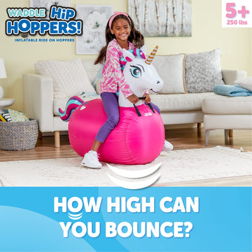 Waddle Hip Hoppers Large Bouncy Hopper Inflatable Hopping Animal Bouncer, Supports Up To 250 Pounds, Ages 5 And Up (Pink Unicorn)